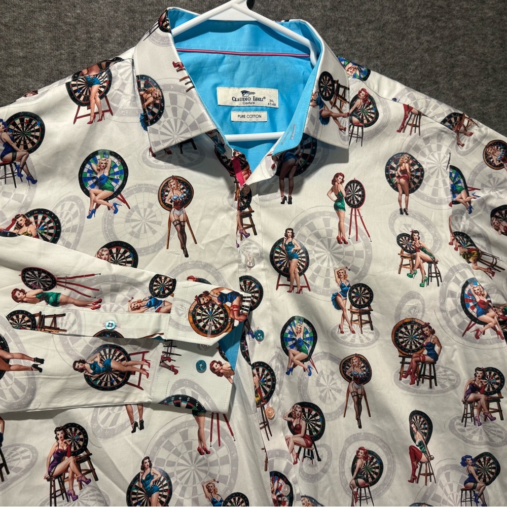 Claudio Lugli Dartboard Pinup Print Shirt Mens 3xl (May Run Small) White Button View 3